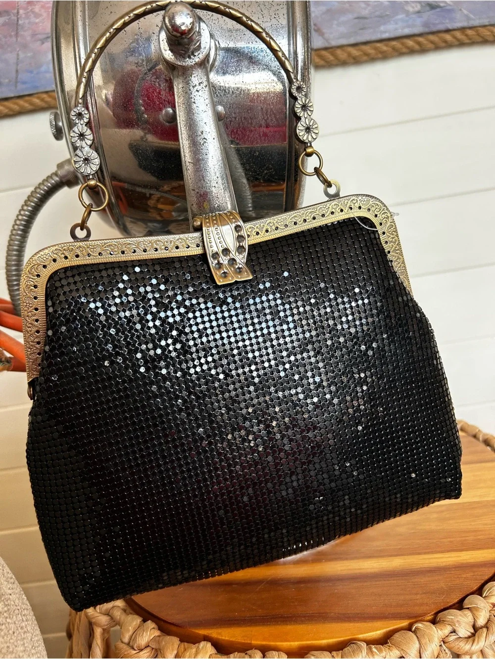 Vintage Black Metal Mesh Evening Bag Art Deco Style Cocktail Purse Boutique